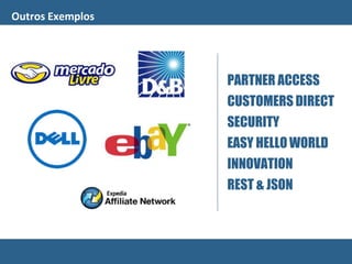 Outros Exemplos
PARTNER ACCESS
CUSTOMERS DIRECT
SECURITY
EASY HELLOWORLD
INNOVATION
REST & JSON
 