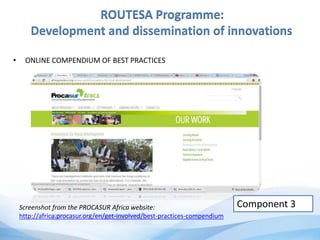 ROUTESA Programme:
Development and dissemination of innovations
• ONLINE COMPENDIUM OF BEST PRACTICES
Component 3Screenshot from the PROCASUR Africa website:
http://africa.procasur.org/en/get-involved/best-practices-compendium
 