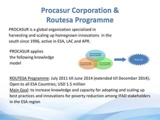 Procasur Corporation &
Routesa Programme
PROCASUR is a global organization specialized in
harvesting and scaling up homegrown innovations in the
south since 1996, active in ESA, LAC and APR.
Knowledge
generation
Knowledge
translation
Knowledge
application
Result
ROUTESA Programme: July 2011 till June 2014 (extended till December 2014);
Open to all ESA Countries; USD 1.5 million
Main Goal: to increase knowledge and capacity for adopting and scaling up
best practices and innovations for poverty reduction among IFAD stakeholders
in the ESA region
PROCASUR applies
the following knowledge
model
 