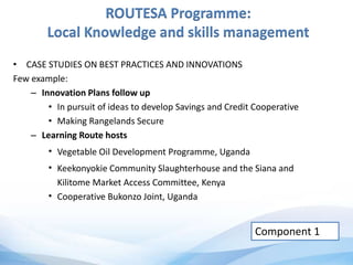 ROUTESA Programme:
Local Knowledge and skills management
• CASE STUDIES ON BEST PRACTICES AND INNOVATIONS
Few example:
– Innovation Plans follow up
• In pursuit of ideas to develop Savings and Credit Cooperative
• Making Rangelands Secure
– Learning Route hosts
• Vegetable Oil Development Programme, Uganda
• Keekonyokie Community Slaughterhouse and the Siana and
Kilitome Market Access Committee, Kenya
• Cooperative Bukonzo Joint, Uganda
Component 1
 