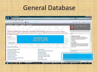 General Database




            Scholarly
            journals,    peer
            reviewed articles
 