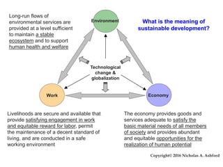 Environment
Technological
change &
globalization
Work Economy
The economy provides goods and
services adequate to satisfy the
basic material needs of all members
of society and provides abundant
and equitable opportunities for the
realization of human potential
Livelihoods are secure and available that
provide satisfying engagement in work
and equitable reward for labor, permit
the maintenance of a decent standard of
living, and are conducted in a safe
working environment
Long-run flows of
environmental services are
provided at a level sufficient
to maintain a stable
ecosystem and to support
human health and welfare
What is the meaning of
sustainable development?
Copyright© 2016 Nicholas A. Ashford
 