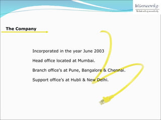 Incorporated in the year June 2003 Head office located at Mumbai. Branch office’s at Pune, Bangalore & Chennai. Support office’s at Hubli & New Delhi. The Company 