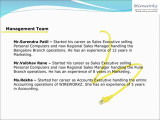 Management Team Mr.Surendra Patil –  Started his career as Sales Executive selling Personal Computers and now Regional Sales Manager handling the Bangalore Branch operations. He has an experience of 12 years in Marketing. Mr.Vaibhav Rane –  Started his career as Sales Executive selling Personal Computers and now Regional Sales Manager handling the Pune Branch operations. He has an experience of 8 years in Marketing. Ms.Rekha –  Started her career as Accounts Executive handling the entire Accounting operations of WIREWORKZ. She has an experience of 5 years in Accounting. 