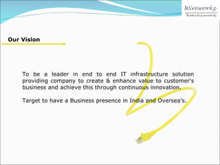 To be a leader in end to end IT infrastructure solution providing company to  create & enhance value to customer's business and achieve this through continuous innovation. Target to have a Business presence in India and Oversea’s. Our Vision 