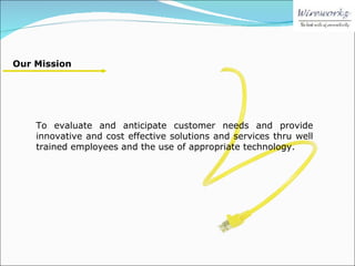 To evaluate and anticipate customer needs and provide innovative and cost effective solutions and services thru well trained employees and the use of appropriate technology. Our Mission 