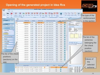 Opening of the generated project in Idea Rcs The list of the check positions (sections) on the slab The type of the reinforcement in the section The list of the extremes belonging the the check position (section) Values of the selected extreme 