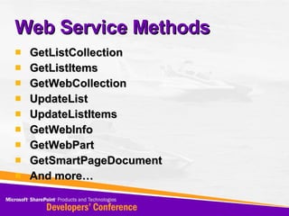 Web Service Methods GetListCollection GetListItems GetWebCollection UpdateList UpdateListItems GetWebInfo GetWebPart GetSmartPageDocument And more…  