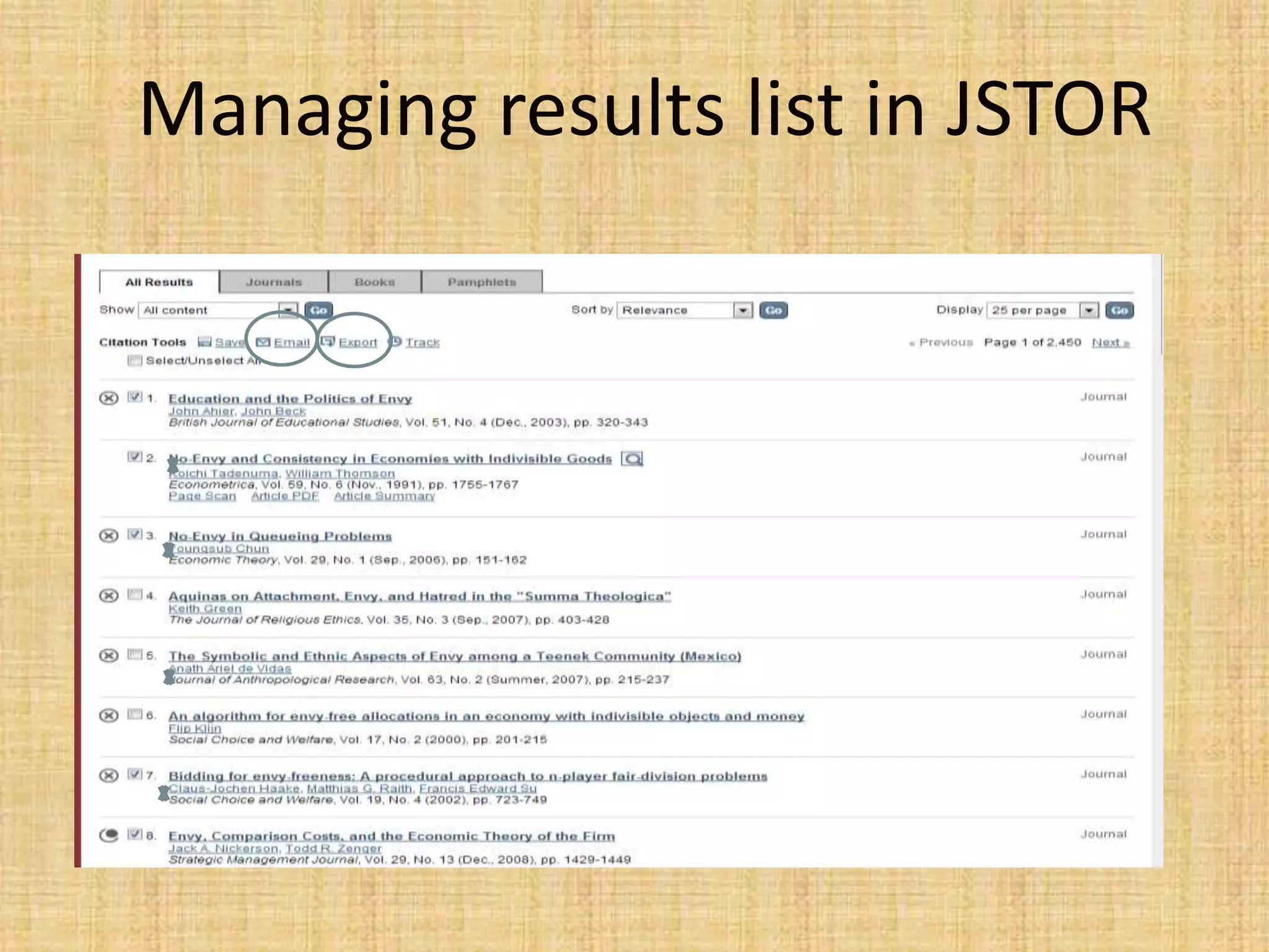 Managing results list in JSTOR
 