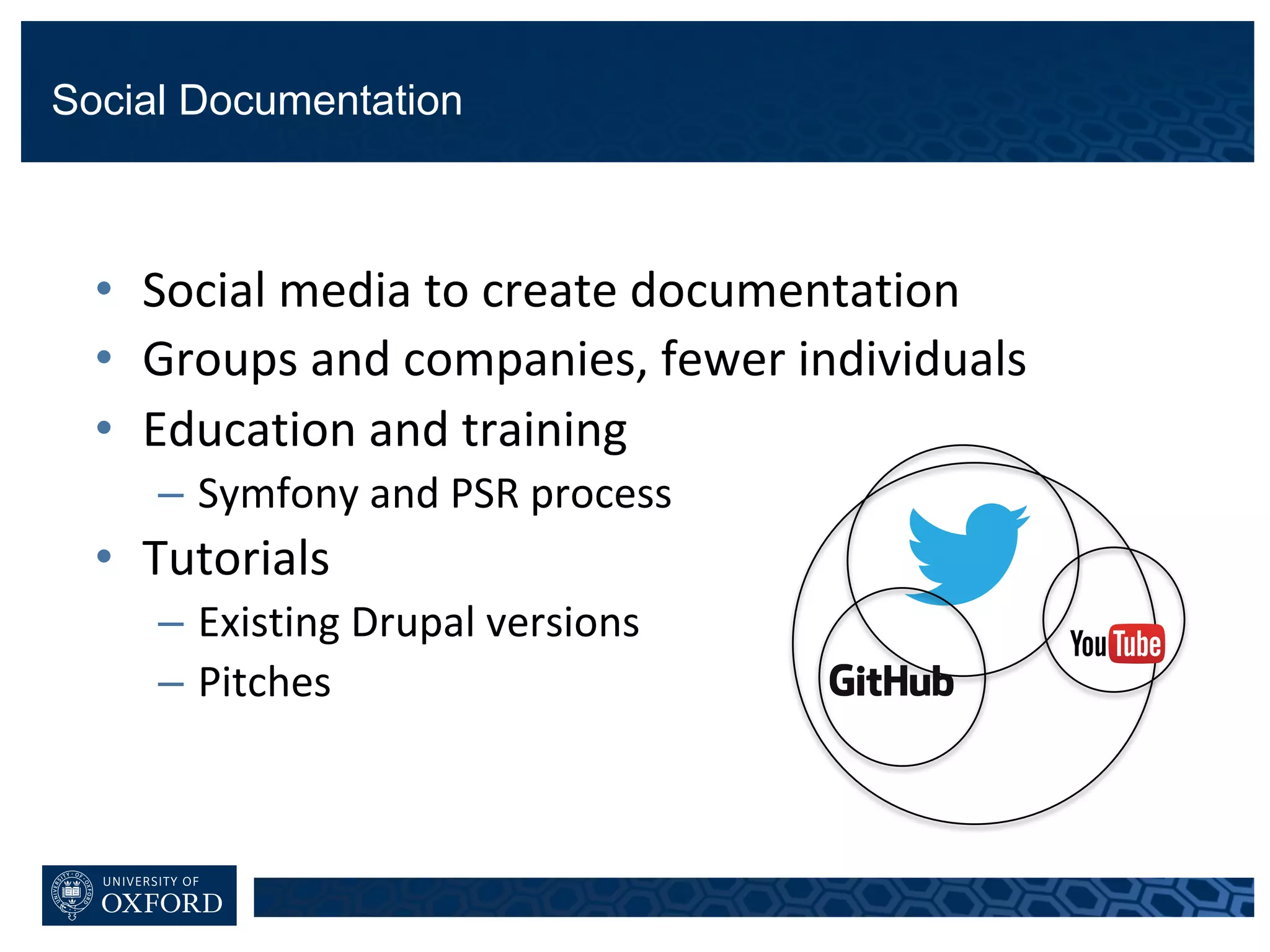 Social Documentation
• Social	media	to	create	documentation
• Groups	and	companies,	fewer	individuals
• Education	and	training
– Symfony and	PSR	process
• Tutorials	
– Existing	Drupal	versions
– Pitches
 