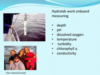 Hydrolab
Hydrolab work onboard
measuring
• depth
• pH
• dissolved oxygen
• temperature
• turbidity
• chlorophyll a
• conductivity
Our research team
 