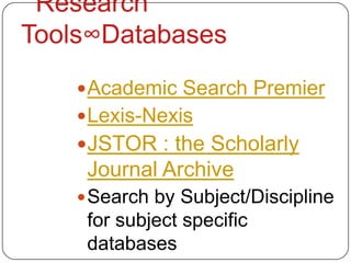  Academic Search Premier
 Lexis-Nexis
JSTOR : the Scholarly
 Journal Archive
 Search by Subject/Discipline
 for subject specific
 databases
 