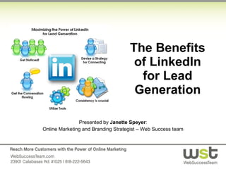 The Benefits of LinkedIn for Lead Generation Presented by  Janette Speyer : Online Marketing and Branding Strategist – Web Success team 