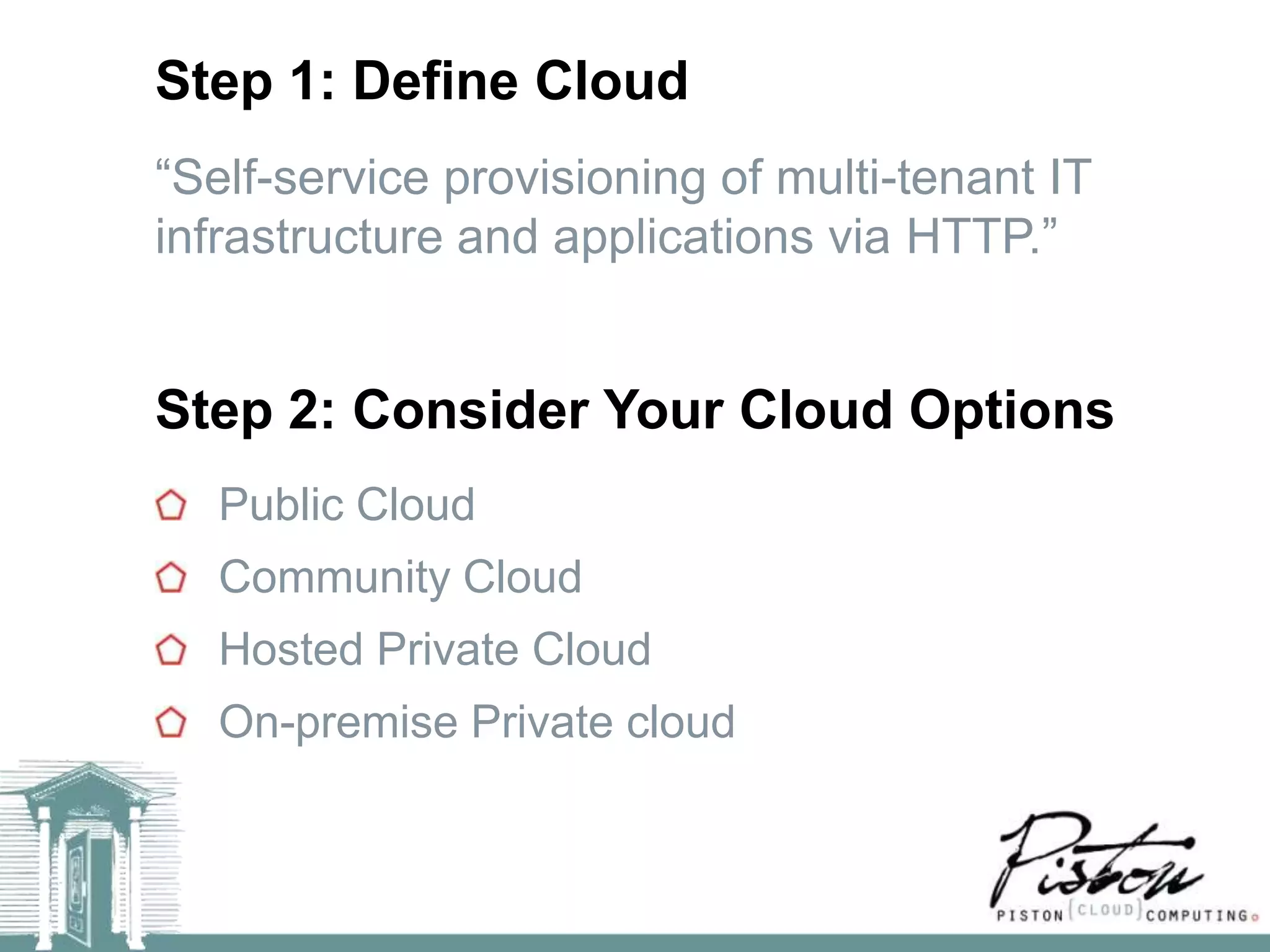 Step 1: Define Cloud
―Self-service provisioning of multi-tenant IT
infrastructure and applications via HTTP.‖


Step 2: Consider Your Cloud Options
   Public Cloud
   Community Cloud
   Hosted Private Cloud
   On-premise Private cloud
 