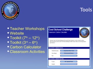 Tools Teacher Workshops Website Toolkit (7 th  – 12 th ) Toolkit (3 rd  – 6 th ) Carbon Calculator Classroom Activities 