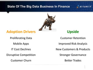 State Of The Big Data Business In Finance
Adoption Drivers
Proliferating Data
Mobile Apps
IT Cost Declines
Disruptive Competition
Customer Churn
Upside
Customer Retention
Improved Risk Analysis
New Customers & Products
Stronger Governance
Better Trades
 