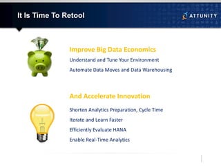 It Is Time To Retool
And Accelerate Innovation
Shorten Analytics Preparation, Cycle Time
Iterate and Learn Faster
Efficiently Evaluate HANA
Enable Real-Time Analytics
Understand and Tune Your Environment
Automate Data Moves and Data Warehousing
Improve Big Data Economics
 