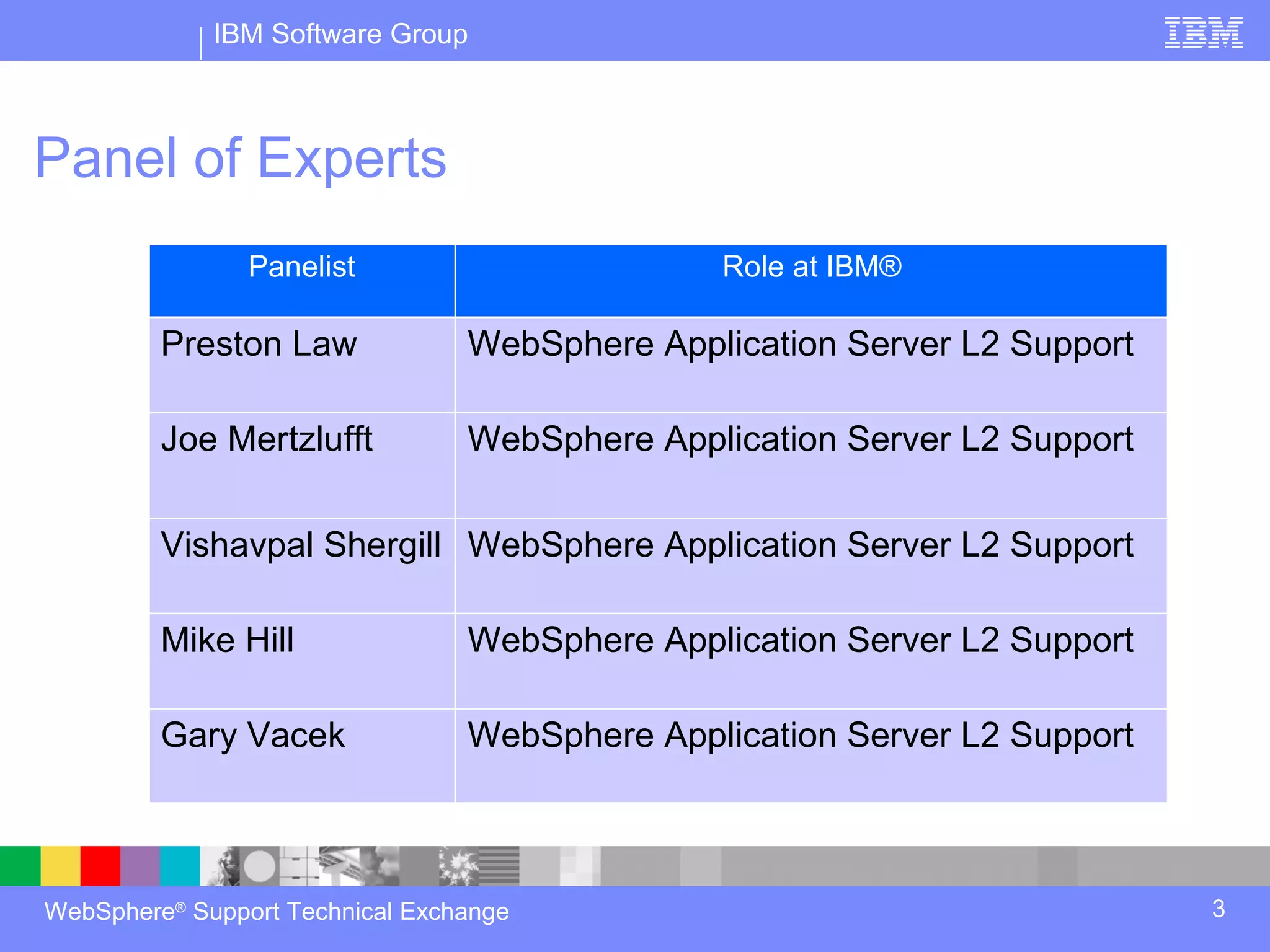 IBM Software Group



Panel of Experts
                Panelist                       Role at IBM®

         Preston Law             WebSphere Application Server L2 Support

         Joe Mertzlufft          WebSphere Application Server L2 Support


         Vishavpal Shergill WebSphere Application Server L2 Support

         Mike Hill               WebSphere Application Server L2 Support

         Gary Vacek              WebSphere Application Server L2 Support



WebSphere® Support Technical Exchange                                      3
 