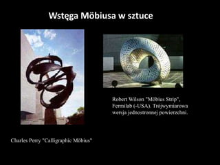 Wstęga Möbiusa w sztuce
Robert Wilson "Möbius Strip",
Fermilab (-USA). Trójwymiarowa
wersja jednostronnej powierzchni.
Charles Perry "Calligraphic Möbius"
 