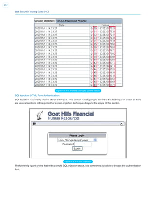 Web Security Testing Guide v4.2
152
Figure 4.4.4-4: Partially Changed Cookie Values
SQL Injection (HTML Form Authentication)
SQL Injection is a widely known attack technique. This section is not going to describe this technique in detail as there
are several sections in this guide that explain injection techniques beyond the scope of this section.
Figure 4.4.4-5: SQL Injection
The following ﬁgure shows that with a simple SQL injection attack, it is sometimes possible to bypass the authentication
form.
 