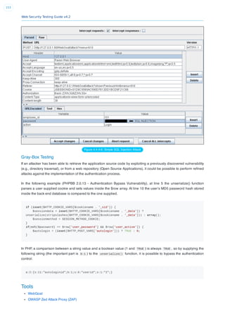 Web Security Testing Guide v4.2
153
Figure 4.4.4-6: Simple SQL Injection Attack
Gray-Box Testing
If an attacker has been able to retrieve the application source code by exploiting a previously discovered vulnerability
(e.g., directory traversal), or from a web repository (Open Source Applications), it could be possible to perform reﬁned
attacks against the implementation of the authentication process.
In the following example (PHPBB 2.0.13 - Authentication Bypass Vulnerability), at line 5 the unserialize() function
parses a user supplied cookie and sets values inside the $row array. At line 10 the user’s MD5 password hash stored
inside the back end database is compared to the one supplied.
if (isset($HTTP_COOKIE_VARS[$cookiename . '_sid']) {
$sessiondata = isset($HTTP_COOKIE_VARS[$cookiename . '_data']) ?
unserialize(stripslashes($HTTP_COOKIE_VARS[$cookiename . '_data'])) : array();
$sessionmethod = SESSION_METHOD_COOKIE;
}
if(md5($password) == $row['user_password'] && $row['user_active']) {
$autologin = (isset($HTTP_POST_VARS['autologin'])) ? TRUE : 0;
}
In PHP, a comparison between a string value and a boolean value (1 and TRUE ) is always TRUE , so by supplying the
following string (the important part is b:1 ) to the unserialize() function, it is possible to bypass the authentication
control:
a:2:{s:11:"autologinid";b:1;s:6:"userid";s:1:"2";}
Tools
WebGoat
OWASP Zed Attack Proxy (ZAP)
 