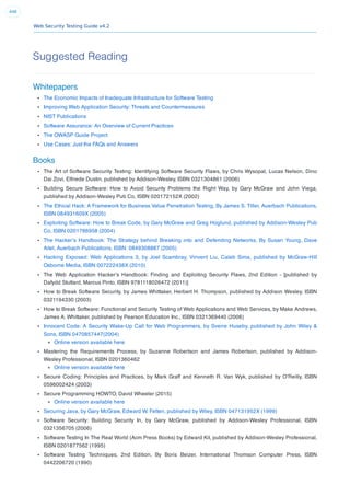 Web Security Testing Guide v4.2
446
Suggested Reading
Whitepapers
The Economic Impacts of Inadequate Infrastructure for Software Testing
Improving Web Application Security: Threats and Countermeasures
NIST Publications
Software Assurance: An Overview of Current Practices
The OWASP Guide Project
Use Cases: Just the FAQs and Answers
Books
The Art of Software Security Testing: Identifying Software Security Flaws, by Chris Wysopal, Lucas Nelson, Dino
Dai Zovi, Elfriede Dustin, published by Addison-Wesley, ISBN 0321304861 (2006)
Building Secure Software: How to Avoid Security Problems the Right Way, by Gary McGraw and John Viega,
published by Addison-Wesley Pub Co, ISBN 020172152X (2002)
The Ethical Hack: A Framework for Business Value Penetration Testing, By James S. Tiller, Auerbach Publications,
ISBN 084931609X (2005)
Exploiting Software: How to Break Code, by Gary McGraw and Greg Hoglund, published by Addison-Wesley Pub
Co, ISBN 0201786958 (2004)
The Hacker’s Handbook: The Strategy behind Breaking into and Defending Networks, By Susan Young, Dave
Aitel, Auerbach Publications, ISBN: 0849308887 (2005)
Hacking Exposed: Web Applications 3, by Joel Scambray, Vinvent Liu, Caleb Sima, published by McGraw-Hill
Osborne Media, ISBN 007222438X (2010)
The Web Application Hacker’s Handbook: Finding and Exploiting Security Flaws, 2nd Edition - [published by
Dafydd Stuttard, Marcus Pinto, ISBN 9781118026472 (2011)]
How to Break Software Security, by James Whittaker, Herbert H. Thompson, published by Addison Wesley, ISBN
0321194330 (2003)
How to Break Software: Functional and Security Testing of Web Applications and Web Services, by Make Andrews,
James A. Whittaker, published by Pearson Education Inc., ISBN 0321369440 (2006)
Innocent Code: A Security Wake-Up Call for Web Programmers, by Sverre Huseby, published by John Wiley &
Sons, ISBN 0470857447(2004)
Online version available here
Mastering the Requirements Process, by Suzanne Robertson and James Robertson, published by Addison-
Wesley Professional, ISBN 0201360462
Online version available here
Secure Coding: Principles and Practices, by Mark Graff and Kenneth R. Van Wyk, published by O’Reilly, ISBN
0596002424 (2003)
Secure Programming HOWTO, David Wheeler (2015)
Online version available here
Securing Java, by Gary McGraw, Edward W. Felten, published by Wiley, ISBN 047131952X (1999)
Software Security: Building Security In, by Gary McGraw, published by Addison-Wesley Professional, ISBN
0321356705 (2006)
Software Testing In The Real World (Acm Press Books) by Edward Kit, published by Addison-Wesley Professional,
ISBN 0201877562 (1995)
Software Testing Techniques, 2nd Edition, By Boris Beizer, International Thomson Computer Press, ISBN
0442206720 (1990)
 