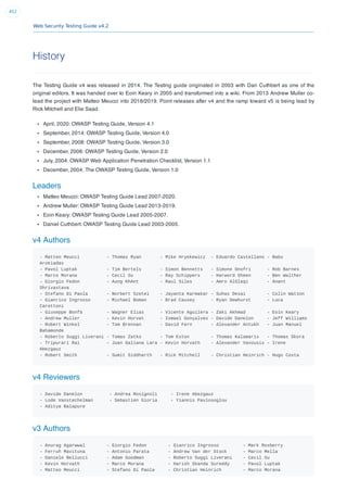 Web Security Testing Guide v4.2
452
History
The Testing Guide v4 was released in 2014. The Testing guide originated in 2003 with Dan Cuthbert as one of the
original editors. It was handed over to Eoin Keary in 2005 and transformed into a wiki. From 2013 Andrew Muller co-
lead the project with Matteo Meucci into 2018/2019. Point releases after v4 and the ramp toward v5 is being lead by
Rick Mitchell and Elie Saad.
April, 2020: OWASP Testing Guide, Version 4.1
September, 2014: OWASP Testing Guide, Version 4.0
September, 2008: OWASP Testing Guide, Version 3.0
December, 2006: OWASP Testing Guide, Version 2.0
July, 2004: OWASP Web Application Penetration Checklist, Version 1.1
December, 2004: The OWASP Testing Guide, Version 1.0
Leaders
Matteo Meucci: OWASP Testing Guide Lead 2007-2020.
Andrew Muller: OWASP Testing Guide Lead 2013-2019.
Eoin Keary: OWASP Testing Guide Lead 2005-2007.
Daniel Cuthbert: OWASP Testing Guide Lead 2003-2005.
v4 Authors
- Matteo Meucci - Thomas Ryan - Mike Hryekewicz - Eduardo Castellano - Babu
Arokiadas
- Pavol Luptak - Tim Bertels - Simon Bennetts - Simone Onofri - Rob Barnes
- Marco Morana - Cecil Su - Ray Schippers - Harword Sheen - Ben Walther
- Giorgio Fedon - Aung KhAnt - Raul Siles - Amro AlOlaqi - Anant
Shrivastava
- Stefano Di Paola - Norbert Szetei - Jayanta Karmakar - Suhas Desai - Colin Watson
- Gianrico Ingrosso - Michael Boman - Brad Causey - Ryan Dewhurst - Luca
Carettoni
- Giuseppe Bonfà - Wagner Elias - Vicente Aguilera - Zaki Akhmad - Eoin Keary
- Andrew Muller - Kevin Horvat - Ismael Gonçalves - Davide Danelon - Jeff Williams
- Robert Winkel - Tom Brennan - David Fern - Alexander Antukh - Juan Manuel
Bahamonde
- Roberto Suggi Liverani - Tomas Zatko - Tom Eston - Thomas Kalamaris - Thomas Skora
- Tripurari Rai - Juan Galiana Lara - Kevin Horvath - Alexander Vavousis - Irene
Abezgauz
- Robert Smith - Sumit Siddharth - Rick Mitchell - Christian Heinrich - Hugo Costa
v4 Reviewers
- Davide Danelon - Andrea Rosignoli - Irene Abezgauz
- Lode Vanstechelman - Sebastien Gioria - Yiannis Pavlosoglou
- Aditya Balapure
v3 Authors
- Anurag Agarwwal - Giorgio Fedon - Gianrico Ingrosso - Mark Roxberry
- Ferruh Mavituna - Antonio Parata - Andrew Van der Stock - Marco Mella
- Daniele Bellucci - Adam Goodman - Roberto Suggi Liverani - Cecil Su
- Kevin Horvath - Marco Morana - Harish Skanda Sureddy - Pavol Luptak
- Matteo Meucci - Stefano Di Paola - Christian Heinrich - Marco Morana
 