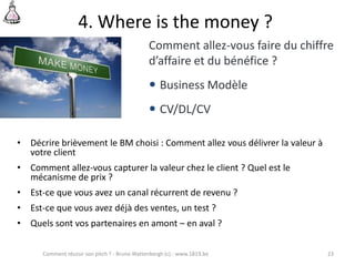 4. Where is the money ?
• Décrire brièvement le BM choisi : Comment allez vous délivrer la valeur à
votre client
• Comment...