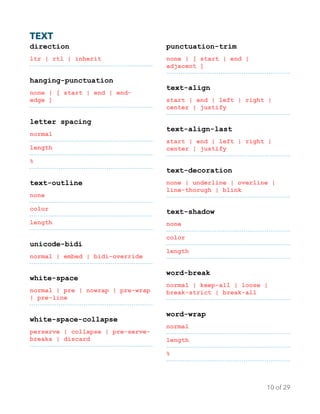 TEXT 
direction
ltr | rtl | inherit
hanging-punctuation
none | [ start | end | end-
edge ]
letter spacing
normal
length
%
text-outline
none
color
length
unicode-bidi
normal | embed | bidi-override
white-space
normal | pre | nowrap | pre-wrap
| pre-line
white-space-collapse
perserve | collapse | pre-serve-
breaks | discard
punctuation-trim
none | [ start | end |
adjacent ]
text-align
start | end | left | right |
center | justify
text-align-last
start | end | left | right |
center | justify
text-decoration
none | underline | overline |
line-thorugh | blink
text-shadow
none
color
length
word-break
normal | keep-all | loose |
break-strict | break-all
word-wrap
normal
length
%
of10 29
 