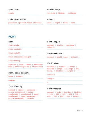 rotation
angle
rotation-point
position (paired value off-set)
visibility
visible | hidden | collapse
clear
left | right | both | none
FONT
font
font-style
font-variant
font-weight
font-size/line-height
font-family
caption | icon | menu | message-
box | small-caption | status-bar
font-size-adjust
none | inherit
number
font-family
normal | wider | narrower |
ultra-condensed | extra-
condensed | condensed | semi-
condensed | semi-expanded |
ultra-expanded | inherit
font-style
normal | italic | oblique |
inherit
font-variant
normal | small-caps | inherit
font-size
xx-small | x-small | small |
medium | large | x-large | xx-
large | smaller | larger |
inherit
length
%
font-weight
normal | bold | bolder | lighter
| 100 | 200 | 300 | 400 | 500 |
600 | 700 | 800 | 900 | inherit
of9 29
 