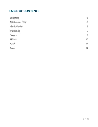 TABLE OF CONTENTS
Selectors 3
Attributes / CSS 5
Manipulation 6
Traversing 7
Events 8
Effects 10
AJAX 11
Core 12
of
2 13
 