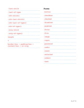 :last-child
:last-of-type
:nth-child()
:nth-last-child()
:nth-last-of-type()
:nth-of-type()
:only-child
:only-of-type()
length
%
border-box | padding-box |
content-box | no-clip
Forms
:button
:checkbox
:checked
:disabled
:enabled
:focus
:file
:image
:input
:password
:radio
:reset
:selected
:submit
:text
of
4 13
 