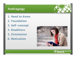 Andragogy
1.  Need to Know
2.  Foundation
3.  Self-concept
4.  Readiness
5.  Orientation
6.  Motivation

 