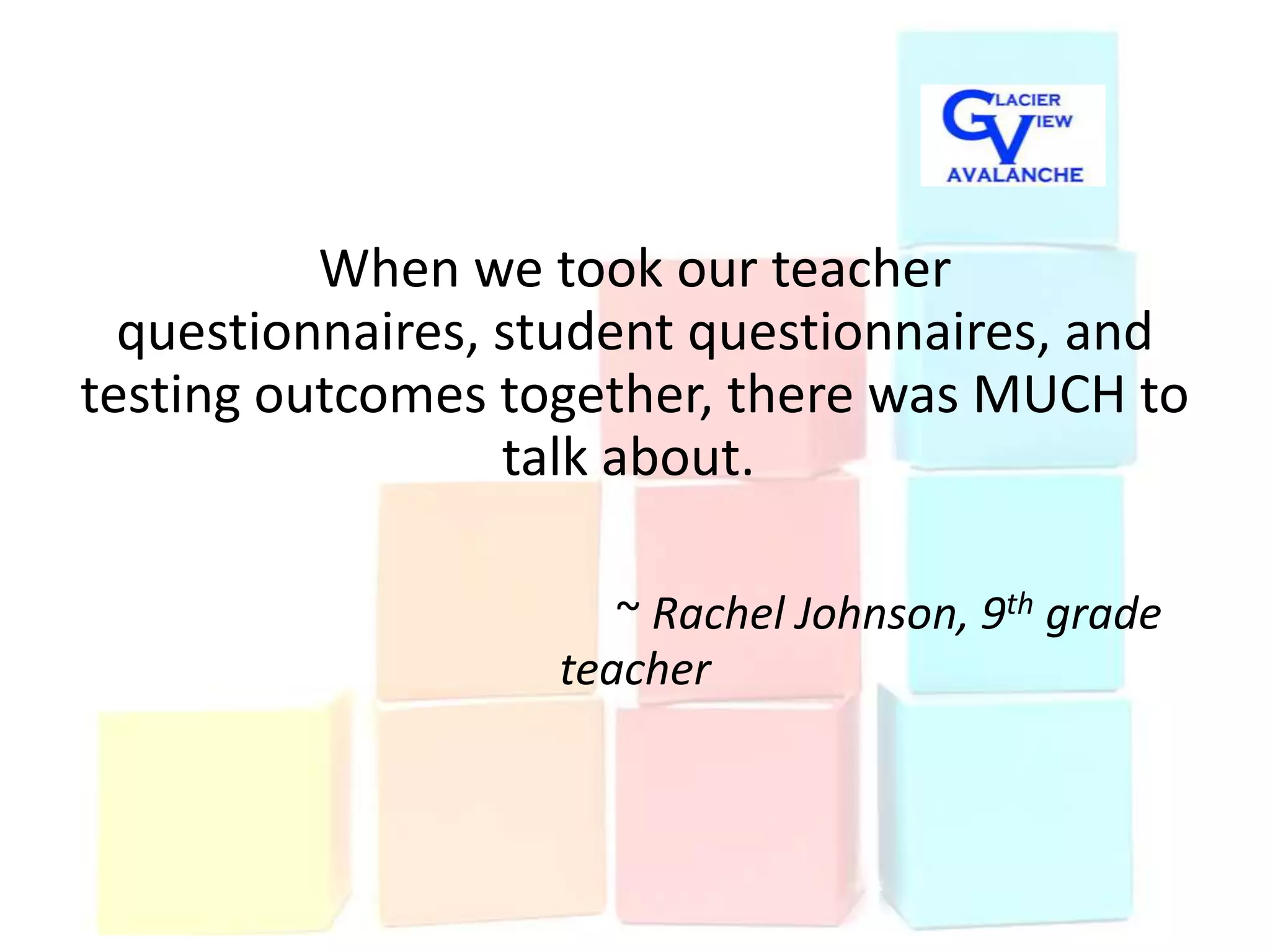 When we took our teacher
  questionnaires, student questionnaires, and
testing outcomes together, there was MUCH to
                  talk about.

                      ~ Rachel Johnson, 9th grade
                   teacher
 