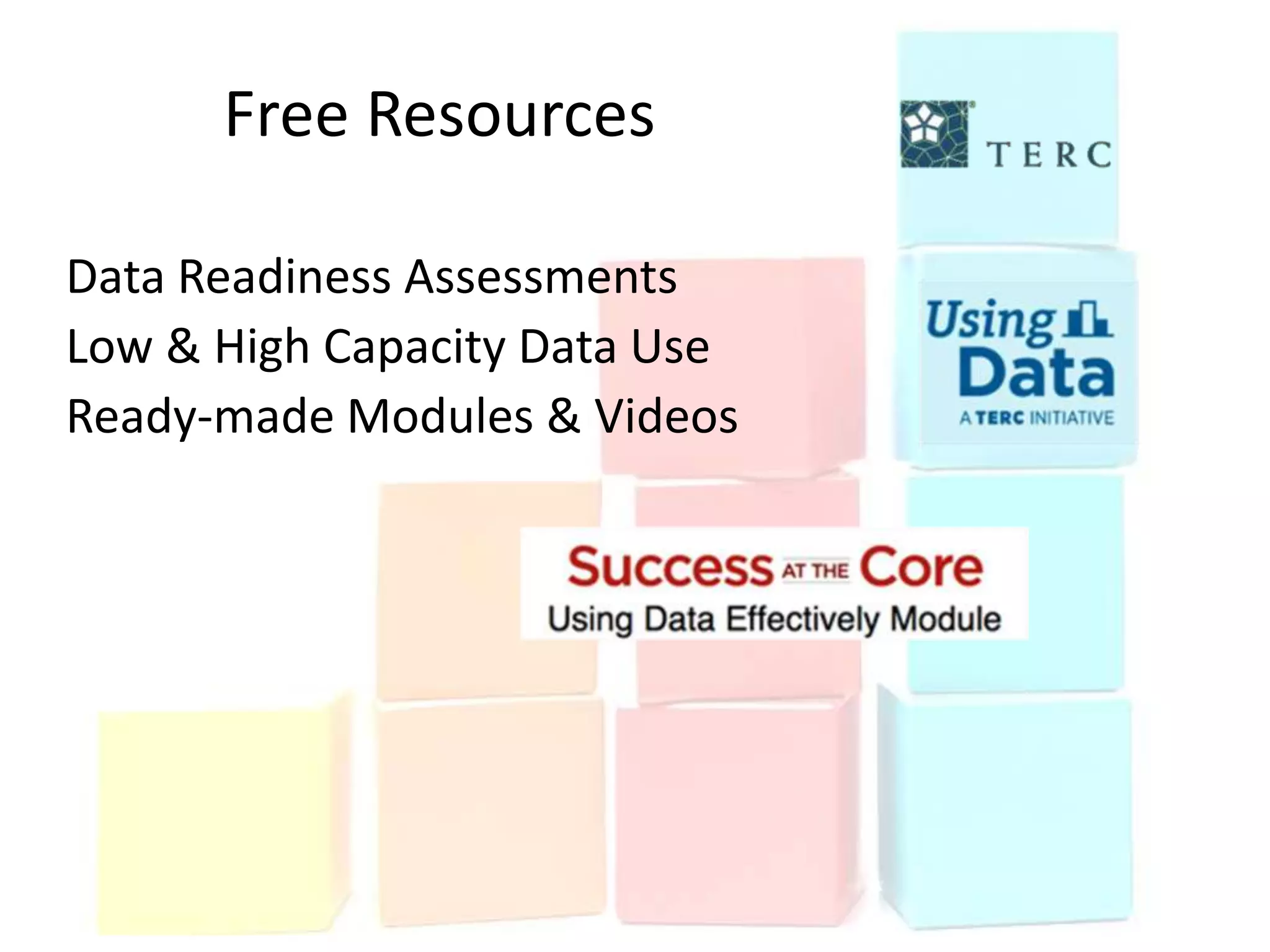 Free Resources

Data Readiness Assessments
Low & High Capacity Data Use
Ready-made Modules & Videos
 