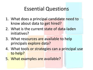 Essential Questions
1. What does a principal candidate need to
   know about data to get hired?
2. What is the current state of data-laden
   initiatives?
3. What resources are available to help
   principals explore data?
4. What tools or strategies can a principal use
   to help?
5. What examples are available?
 