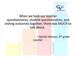 When we took our teacher
  questionnaires, student questionnaires, and
testing outcomes together, there was MUCH to
                  talk about.

                      ~ Rachel Johnson, 9th grade
                   teacher
 