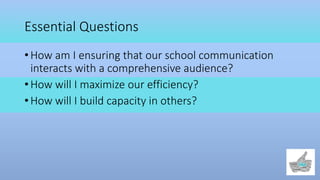 Essential Questions
• How am I ensuring that our school communication
interacts with a comprehensive audience?
• How will I maximize our efficiency?
• How will I build capacity in others?
 
