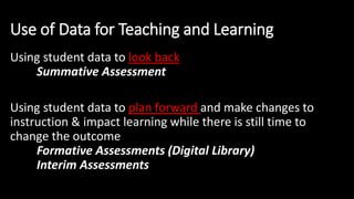 Use of Data for Teaching and Learning
Using student data to look back
Summative Assessment
Using student data to plan forward and make changes to
instruction & impact learning while there is still time to
change the outcome
Formative Assessments (Digital Library)
Interim Assessments
 