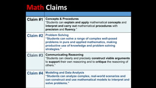Math Claims
Claim #1 Concepts & Procedures
“Students can explain and apply mathematical concepts and
interpret and carry out mathematical procedures with
precision and fluency.”
Claim #2 Problem Solving
“Students can solve a range of complex well-posed
problems in pure and applied mathematics, making
productive use of knowledge and problem solving
strategies.”
Claim #3 Communicating Reasoning
“Students can clearly and precisely construct viable arguments
to support their own reasoning and to critique the reasoning of
others.”
Claim #4 Modeling and Data Analysis
“Students can analyze complex, real-world scenarios and
can construct and use mathematical models to interpret and
solve problems.”
 