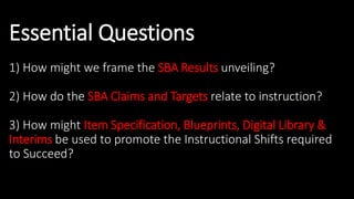 Essential Questions
1) How might we frame the SBA Results unveiling?
2) How do the SBA Claims and Targets relate to instruction?
3) How might Item Specification, Blueprints, Digital Library &
Interims be used to promote the Instructional Shifts required
to Succeed?
 