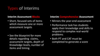 Types of Interims
Interim Assessment Blocks
• Short, focused sets of items
which measure one or more
assessment targets
• See the blueprint for more
details regarding claims,
assessment targets, depth of
Knowledge levels, number of
items and timing.
Interim Comprehensive Assessment
• Mirrors the year-end assessment
• Performance task has students
apply their knowledge and skills to
respond to complex real-world
problems
• Both PT and CAT must be
completed to generate a score
 