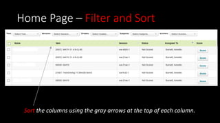 Home Page – Filter and Sort
Sort the columns using the gray arrows at the top of each column.
 