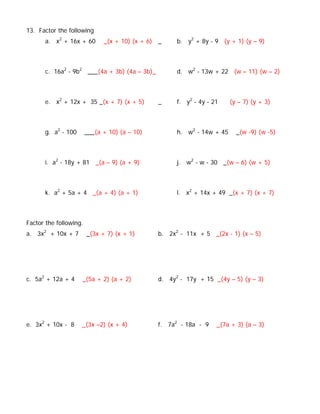 13. Factor the following
      a. x2 + 16x + 60        _(x + 10) (x + 6) _    b. y2 + 8y - 9 (y + 1) (y – 9)



      c. 16a2 - 9b2 ___(4a + 3b) (4a – 3b)_          d. w2 - 13w + 22 (w – 11) (w – 2)



      e. x2 + 12x + 35 _(x + 7) (x + 5)        _     f. y2 - 4y - 21    (y – 7) (y + 3)



      g. a2 - 100       ___(a + 10) (a – 10)         h. w2 - 14w + 45     _(w -9) (w -5)



      i. a2 - 18y + 81 _(a – 9) (a + 9)              j. w2 - w - 30 _(w – 6) (w + 5)



      k. a2 + 5a + 4 _(a + 4) (a + 1)                l. x2 + 14x + 49 _(x + 7) (x + 7)



Factor the following.
a. 3x2 + 10x + 7        _(3x + 7) (x + 1)      b. 2x2 - 11x + 5 _(2x - 1) (x – 5)




c. 5a2 + 12a + 4    _(5a + 2) (a + 2)          d. 4y2 - 17y + 15 _(4y – 5) (y – 3)




e. 3x2 + 10x - 8    _(3x –2) (x + 4)           f. 7a2 - 18a - 9    _(7a + 3) (a – 3)
 