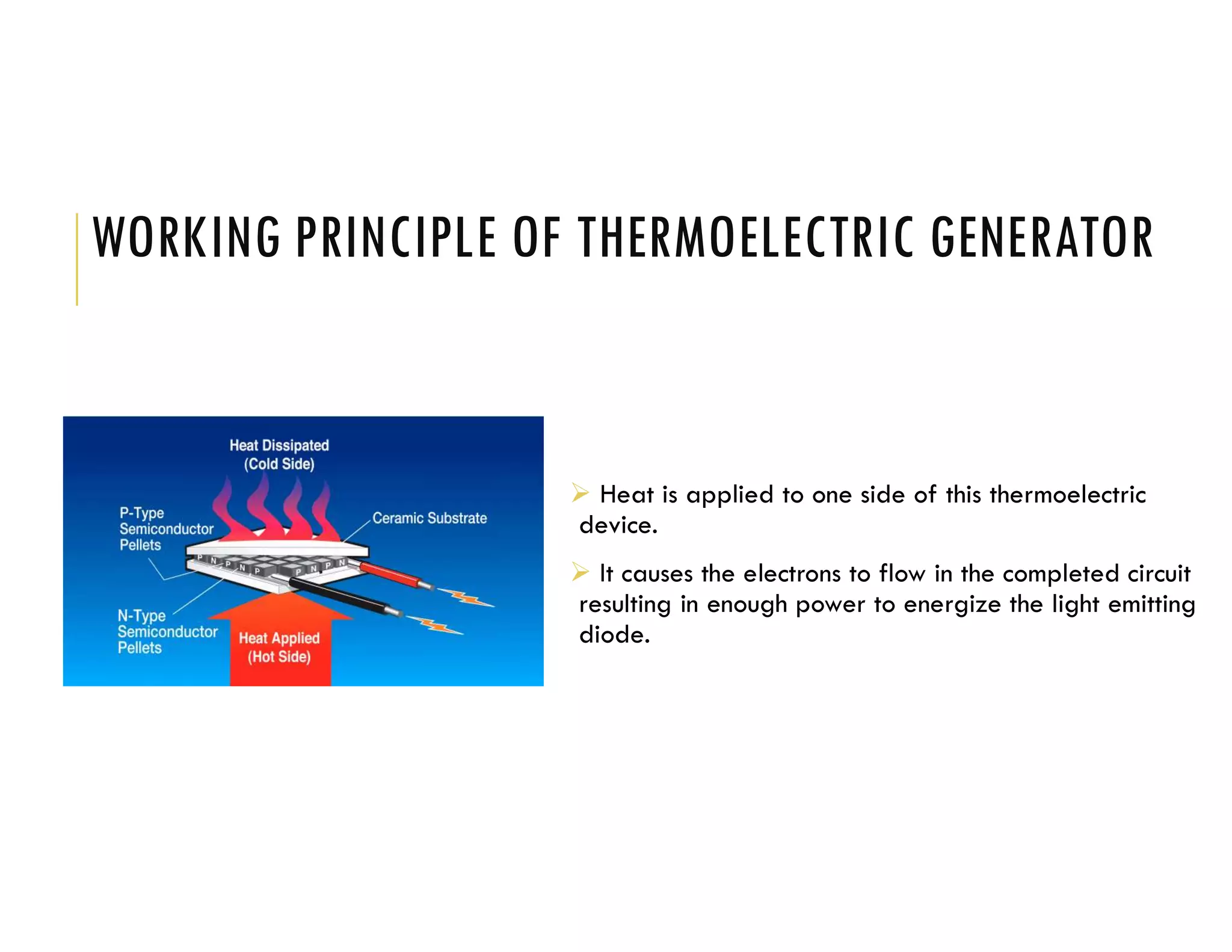 WORKING PRINCIPLE OF THERMOELECTRIC GENERATOR
 Heat is applied to one side of this thermoelectric
device.
 It causes the electrons to flow in the completed circuit
resulting in enough power to energize the light emitting
diode.
 