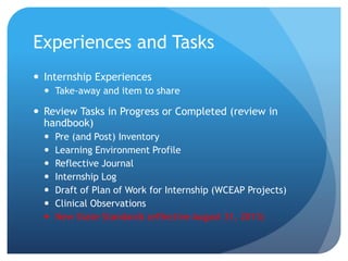 Experiences and Tasks
 Internship Experiences
 Take-away and item to share
 Review Tasks in Progress or Completed (review in
handbook)
 Pre (and Post) Inventory
 Learning Environment Profile
 Reflective Journal
 Internship Log
 Draft of Plan of Work for Internship (WCEAP Projects)
 Clinical Observations
 New State Standards (effective August 31, 2013)
 