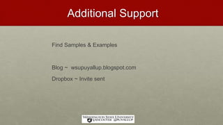 Additional Support
Find Samples & Examples
Blog ~ wsupuyallup.blogspot.com
Dropbox ~ Invite sent
 