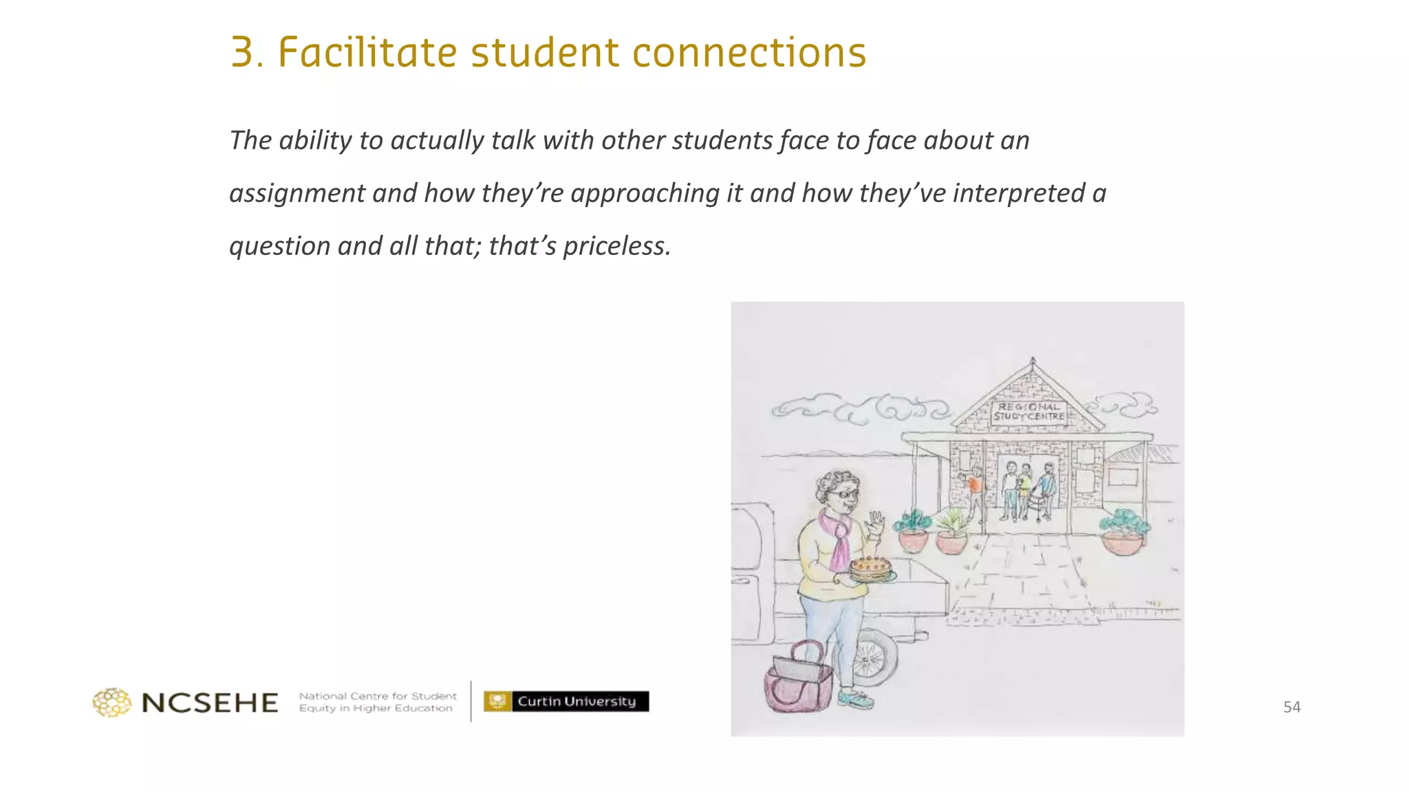 The ability to actually talk with other students face to face about an
assignment and how they’re approaching it and how they’ve interpreted a
question and all that; that’s priceless.
54
 