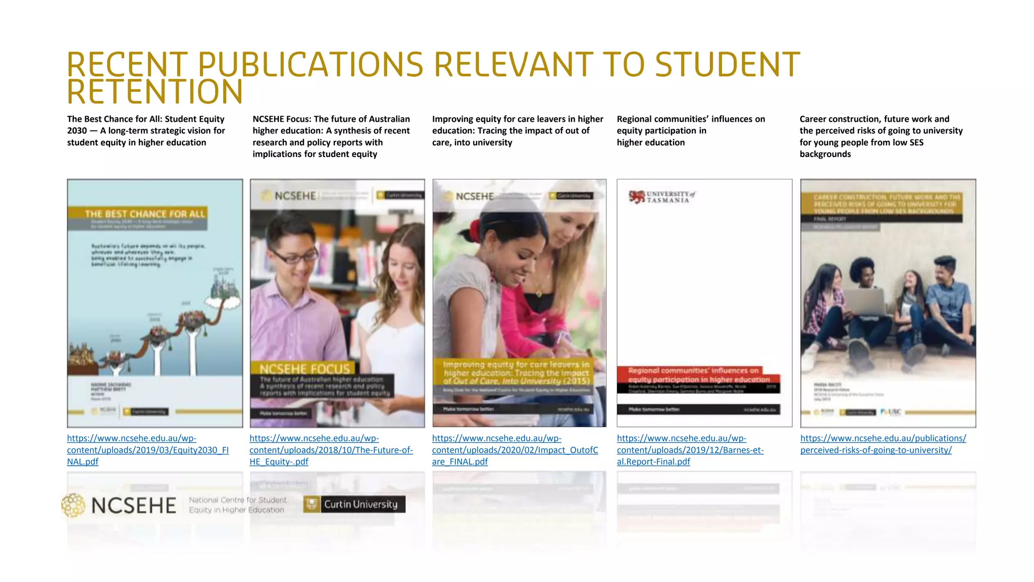 The Best Chance for All: Student Equity
2030 — A long-term strategic vision for
student equity in higher education
NCSEHE Focus: The future of Australian
higher education: A synthesis of recent
research and policy reports with
implications for student equity
Improving equity for care leavers in higher
education: Tracing the impact of out of
care, into university
Career construction, future work and
the perceived risks of going to university
for young people from low SES
backgrounds
Regional communities’ influences on
equity participation in
higher education
https://www.ncsehe.edu.au/wp-
content/uploads/2019/03/Equity2030_FI
NAL.pdf
https://www.ncsehe.edu.au/wp-
content/uploads/2020/02/Impact_OutofC
are_FINAL.pdf
https://www.ncsehe.edu.au/wp-
content/uploads/2018/10/The-Future-of-
HE_Equity-.pdf
https://www.ncsehe.edu.au/wp-
content/uploads/2019/12/Barnes-et-
al.Report-Final.pdf
https://www.ncsehe.edu.au/publications/
perceived-risks-of-going-to-university/
 